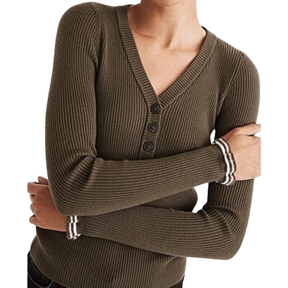 Madewell Ruffle Cuff Henley Sweater Ribbed Knit Pullover Slim Fit Green Medium